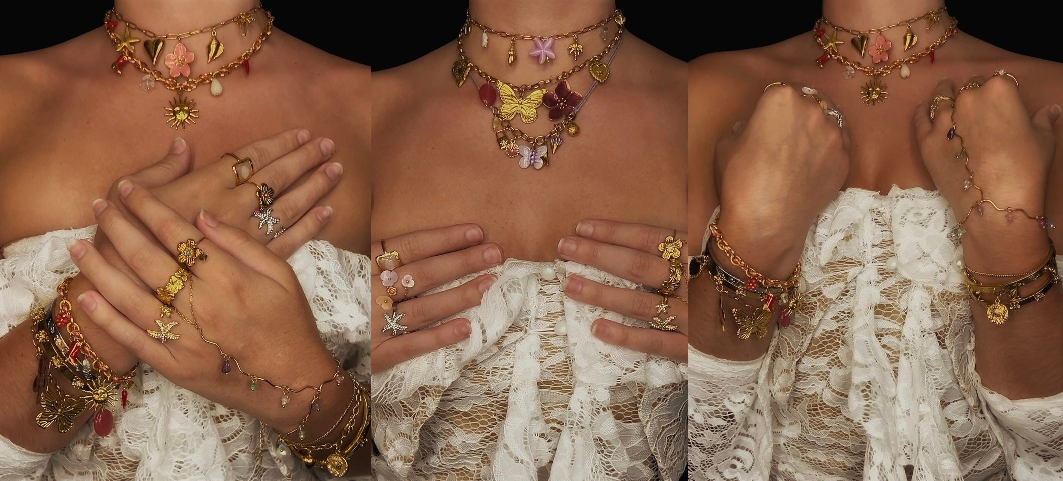 Bijoux en acier inoxydable portés par une femme, de face.